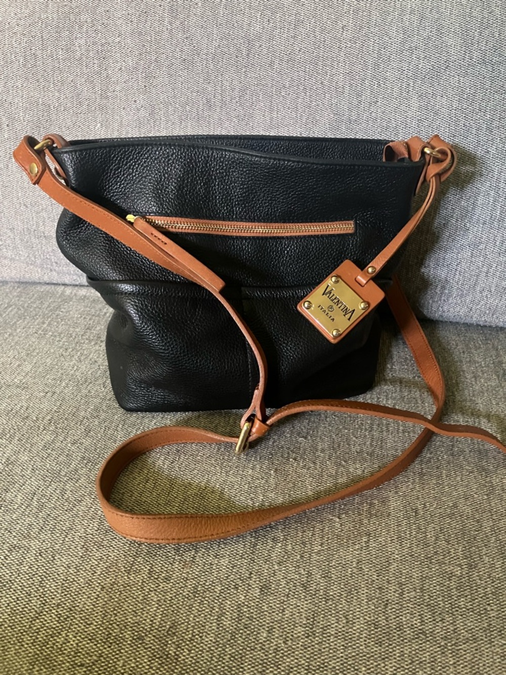 Valentina Black Leather Crossbody with Brown Contrast Strap
